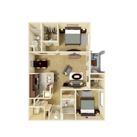 Floor plan for 2 beds, 2 baths, 1166 sqft